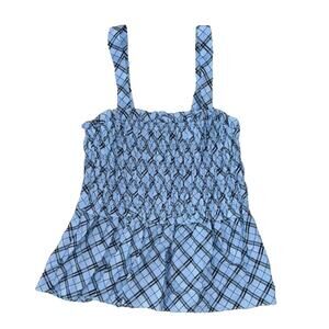 NWT J. Crew Blue Mist Navy Textured Plaid Smocked Tank - SIZE MEDIUM